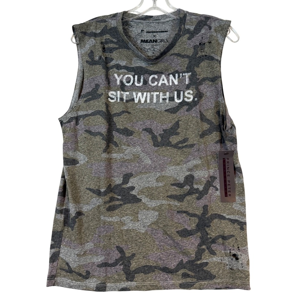 NWT Mean Girls Camo Muscle Tank You Cant Sit With Us Distressed •L• Y2K Festival
